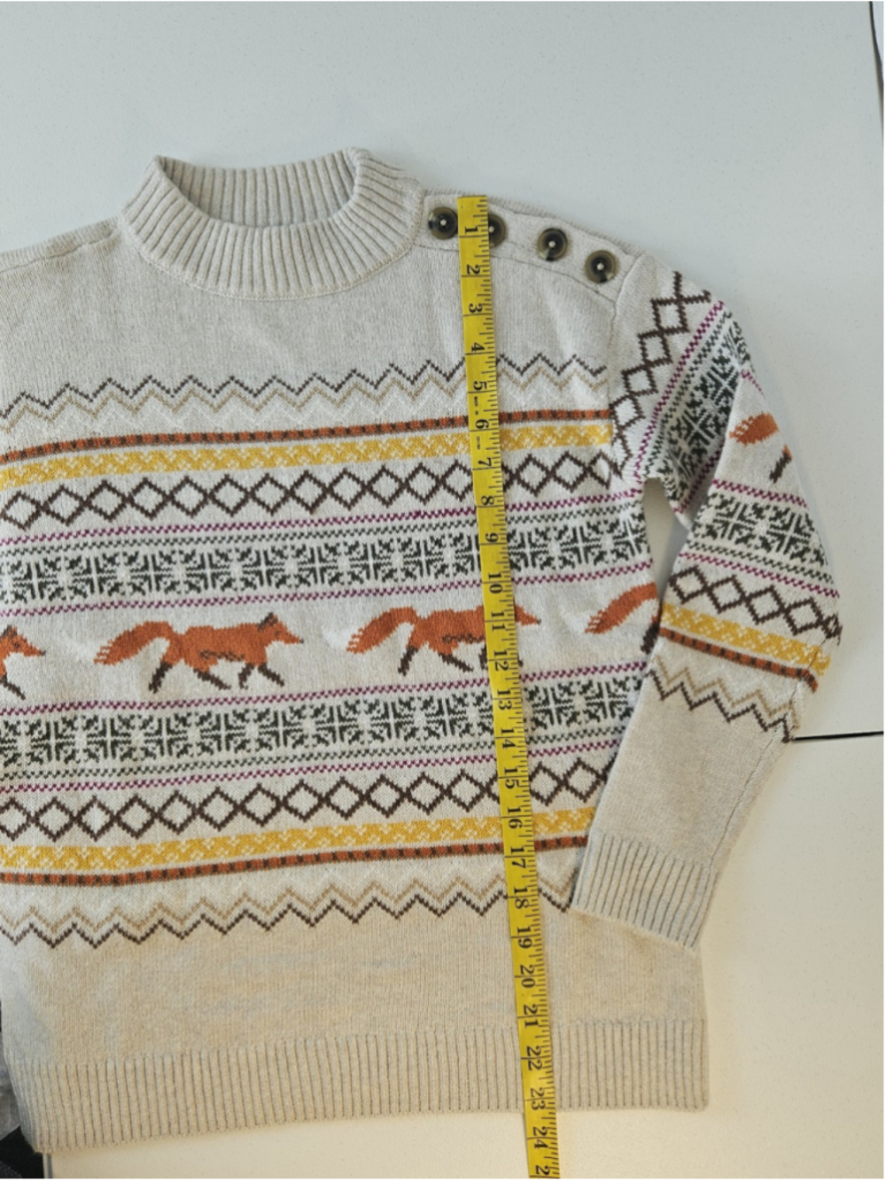 Talbots Petite Fox Fair Isle Button Shoulder Crewneck Sweater Beige Orange Fall - Picture 8 of 8